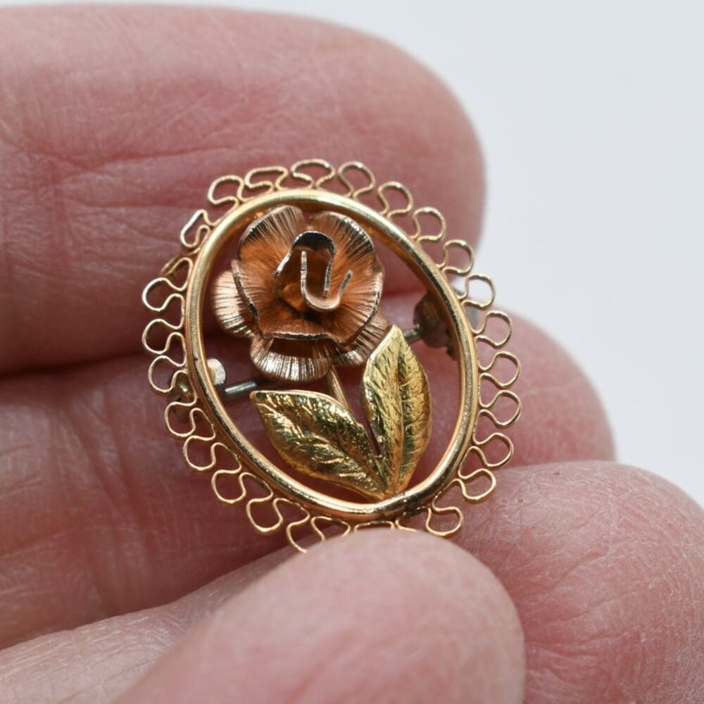 Krementz Vintage Mini Rose Brooch Rolled Gold Filigree Oval 3/4 Inch